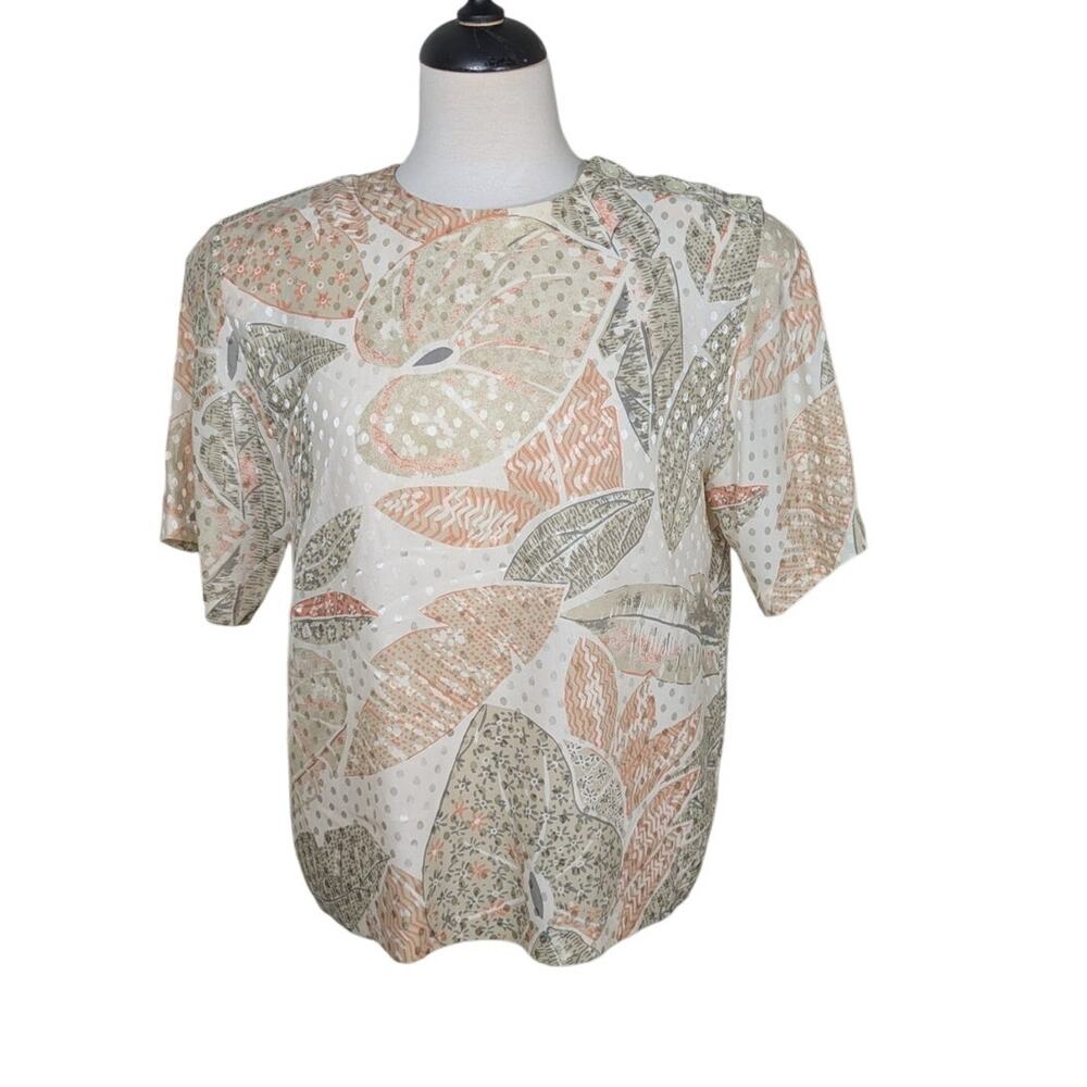 Vintage Josephine Chaus 100% Silk Peach & Cream Blouse Shoulder Pads & Buttons